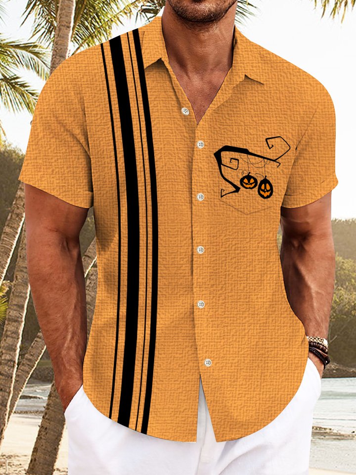 Camisa informal de manga corta para hombre, estilo años 50, con botones y bolsillos a rayas y diseño de calabaza de Halloween de Alohadaddy