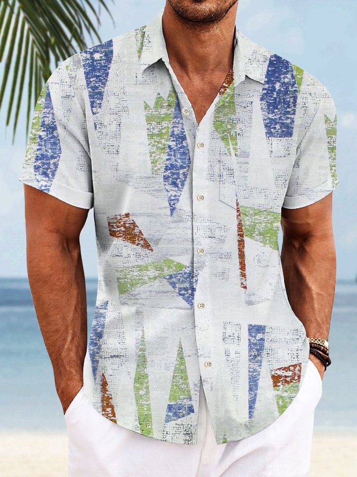 Alohadaddy Geometric Pattern Ethnic Men Pocket Button Casual Short Sleeve Shirt