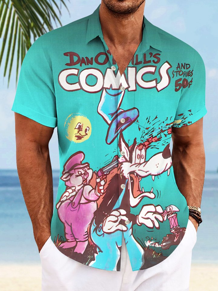 Alohadaddy Cartoon Funny Dog Men Button Pocket Casual Short Sleeve Shirt