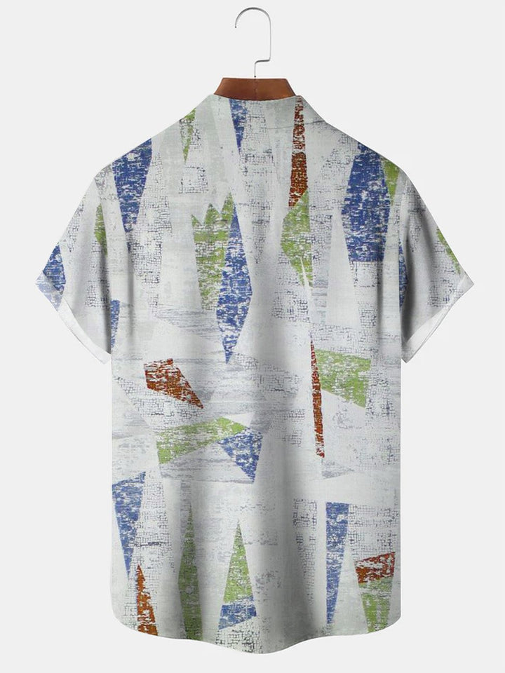 Alohadaddy Geometric Pattern Ethnic Men Pocket Button Casual Short Sleeve Shirt