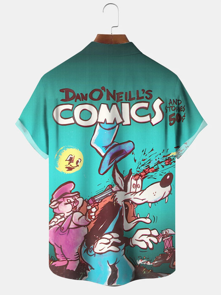 Alohadaddy Cartoon Funny Dog Men Button Pocket Casual Short Sleeve Shirt