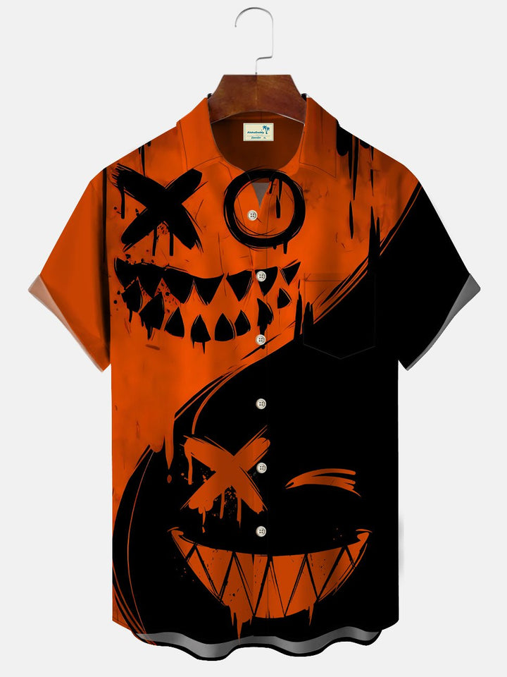 Alohadaddy Halloween Pumpkin Mens Pocket Button Casual Short Sleeve Shirt