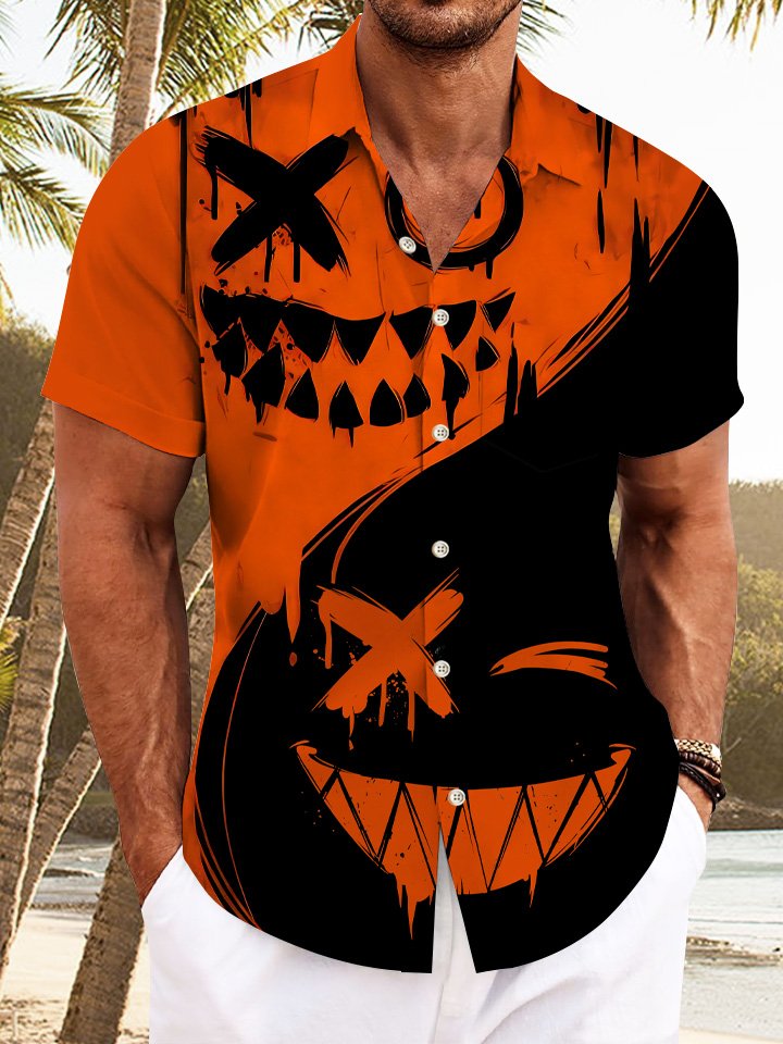 Alohadaddy Halloween Pumpkin Mens Pocket Button Casual Short Sleeve Shirt