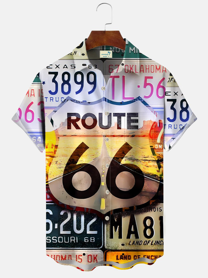 Alohadaddy Vintage License Plate Mens Button Pocket Casual Short Sleeve Shirt