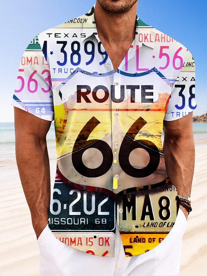 Alohadaddy Vintage License Plate Mens Button Pocket Casual Short Sleeve Shirt