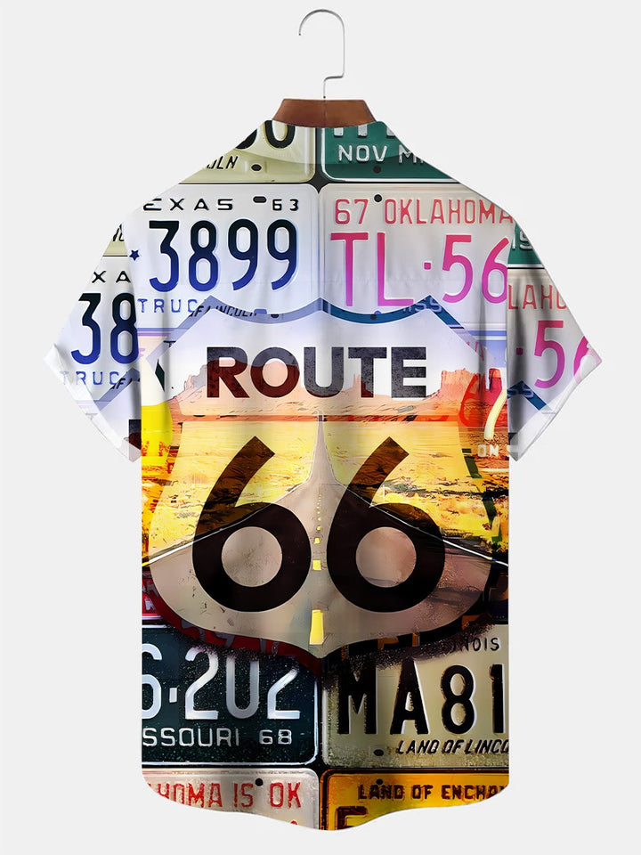 Alohadaddy Vintage License Plate Mens Button Pocket Casual Short Sleeve Shirt