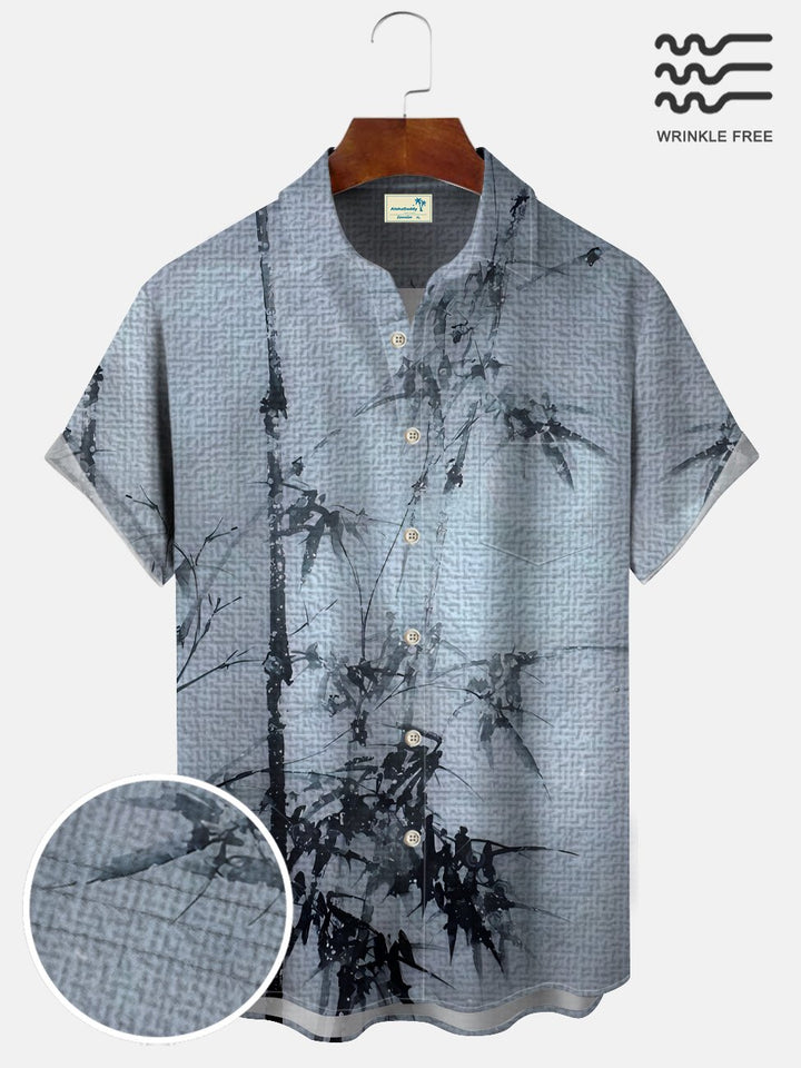 Camisa informal de manga corta con botones y bolsillo para hombre de estilo étnico de bambú de Alohadaddy