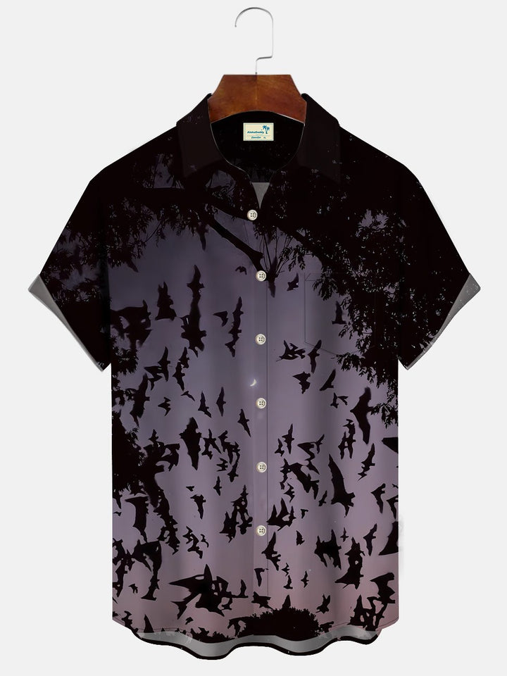 Alohadaddy Halloween Bat Night Men Pocket Button Casual Short Sleeve Shirt