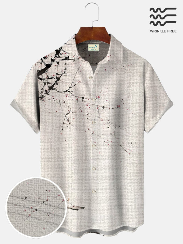 Camisa informal de manga corta con botones y bolsillo para hombre con diseño de flores de melocotón y plantas de Alohadaddy