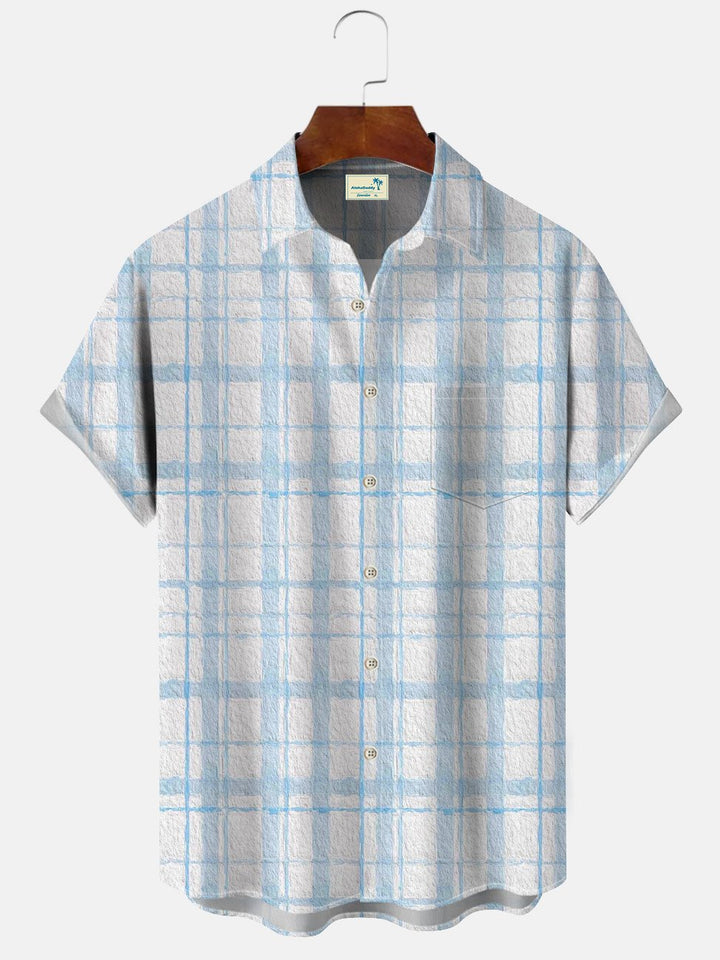 Camisa informal de manga corta con botones y bolsillo para hombre con estampado geométrico a cuadros Alohadaddy