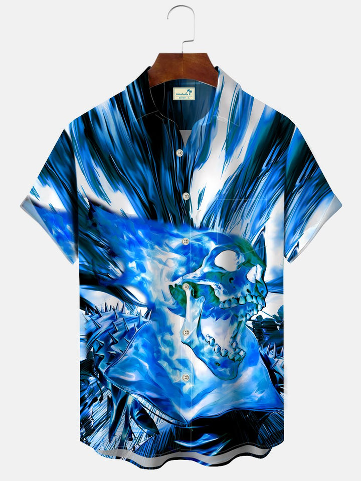 Alohadaddy Skull Flame Mens Pocket Button Casual Short Sleeve Shirt
