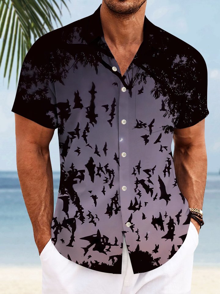Alohadaddy Halloween Bat Night Men Pocket Button Casual Short Sleeve Shirt