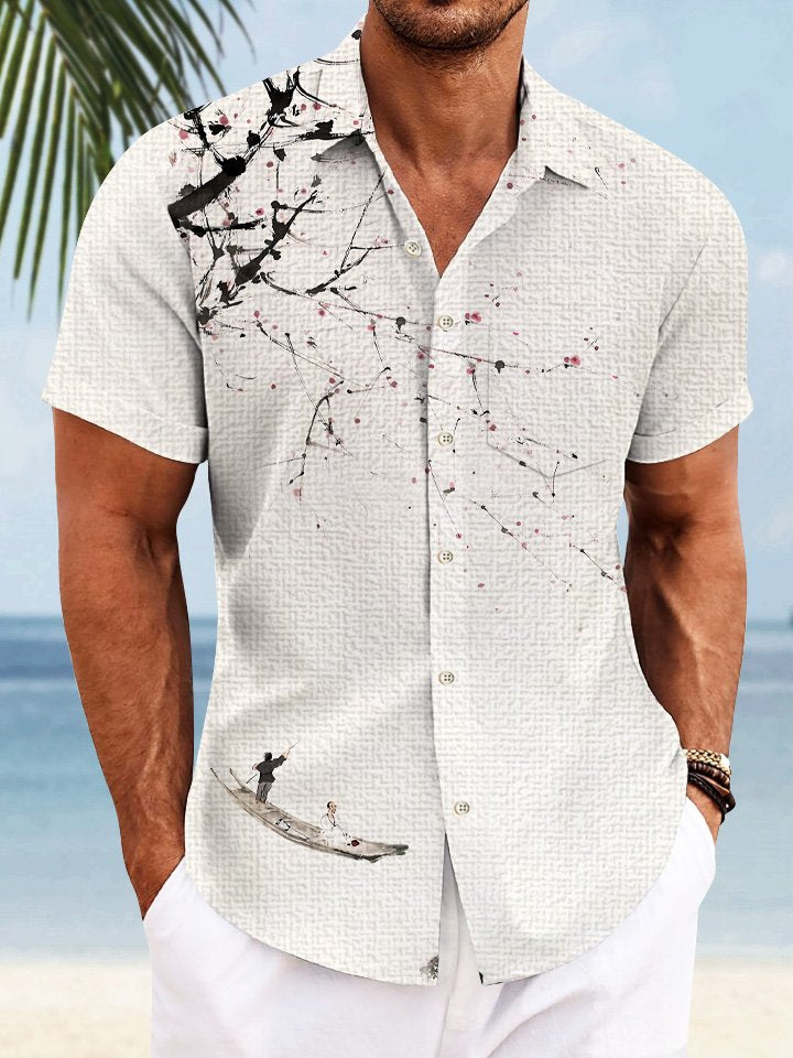 Camisa informal de manga corta con botones y bolsillo para hombre con diseño de flores de melocotón y plantas de Alohadaddy