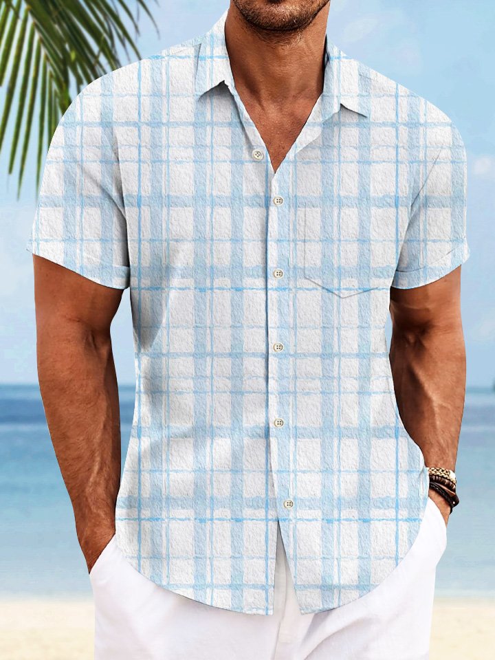 Camisa informal de manga corta con botones y bolsillo para hombre con estampado geométrico a cuadros Alohadaddy