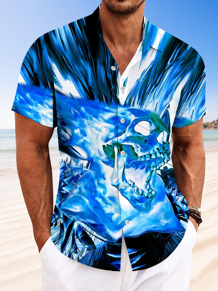 Alohadaddy Skull Flame Mens Pocket Button Casual Short Sleeve Shirt