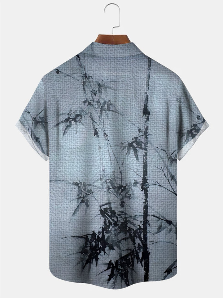 Camisa informal de manga corta con botones y bolsillo para hombre de estilo étnico de bambú de Alohadaddy