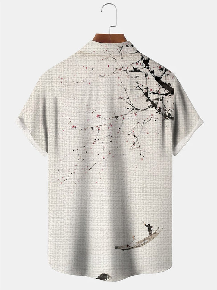 Camisa informal de manga corta con botones y bolsillo para hombre con diseño de flores de melocotón y plantas de Alohadaddy