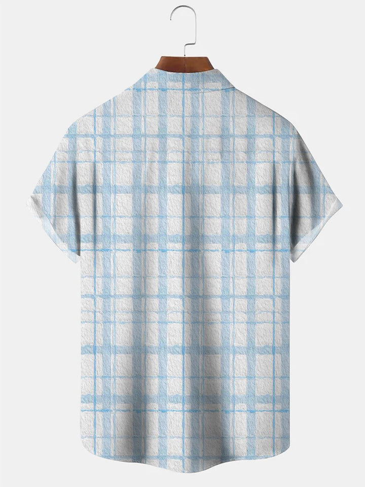 Camisa informal de manga corta con botones y bolsillo para hombre con estampado geométrico a cuadros Alohadaddy