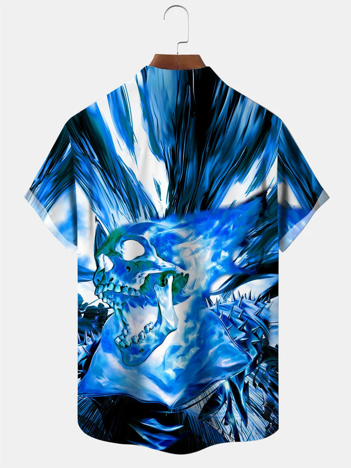 Alohadaddy Skull Flame Mens Pocket Button Casual Short Sleeve Shirt