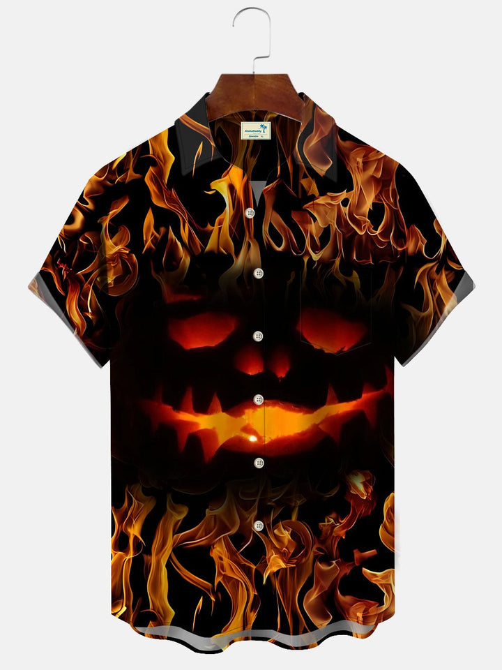 Alohadaddy Halloween Pumpkin Flame Mens Pocket Casual Short Sleeve Shirt