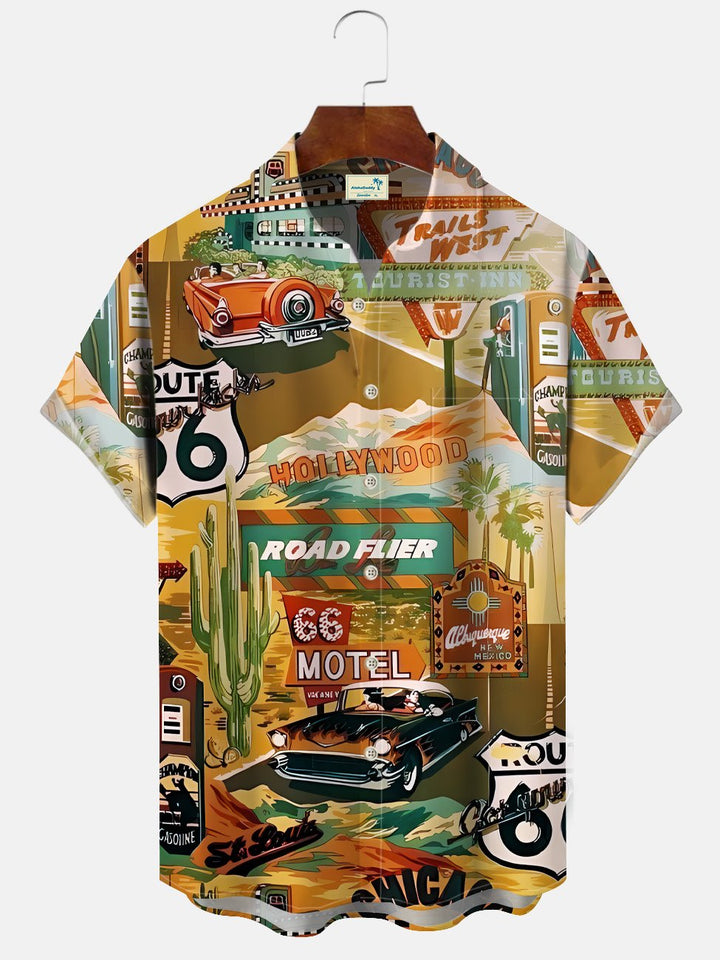 Camisa informal de manga corta con bolsillo para hombre, diseño de árbol de coco y letrero de la Ruta 66 de Alohadaddy Car Hollywood