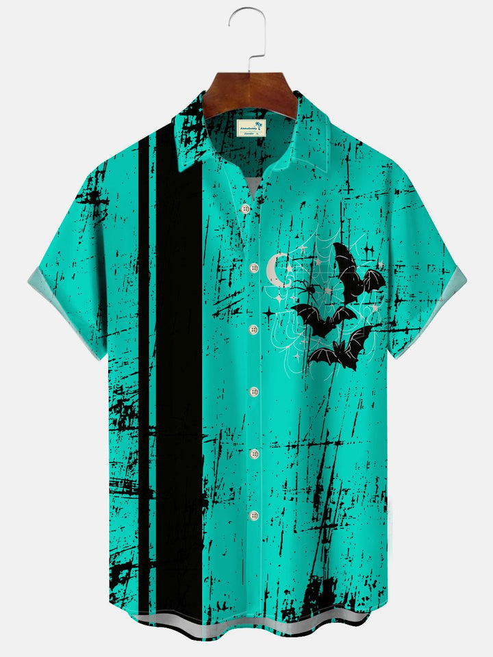Alohadaddy Stripes Halloween Bat Men Pocket Casual 50S Bowling Commuter Short Sleeve Shirt