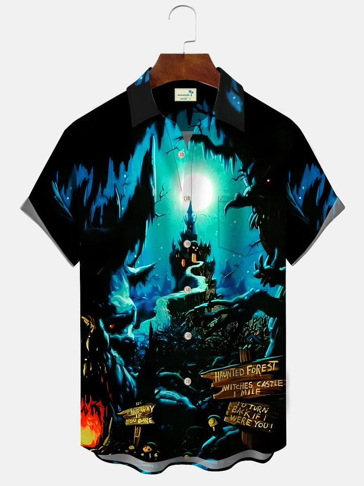 Alohadaddy Halloween Castle Mens Pocket Casual Short Sleeve Shirt