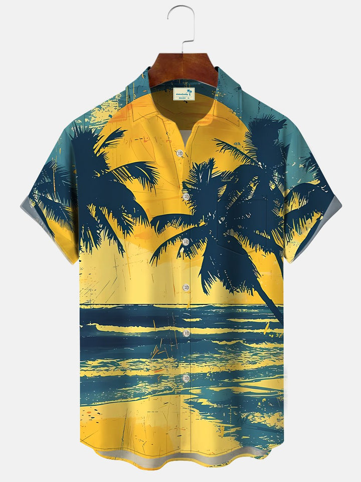 Alohadaddy Coconut Tree Beach Sunset Men Pocket Button Casual Short Sleeve Shirt