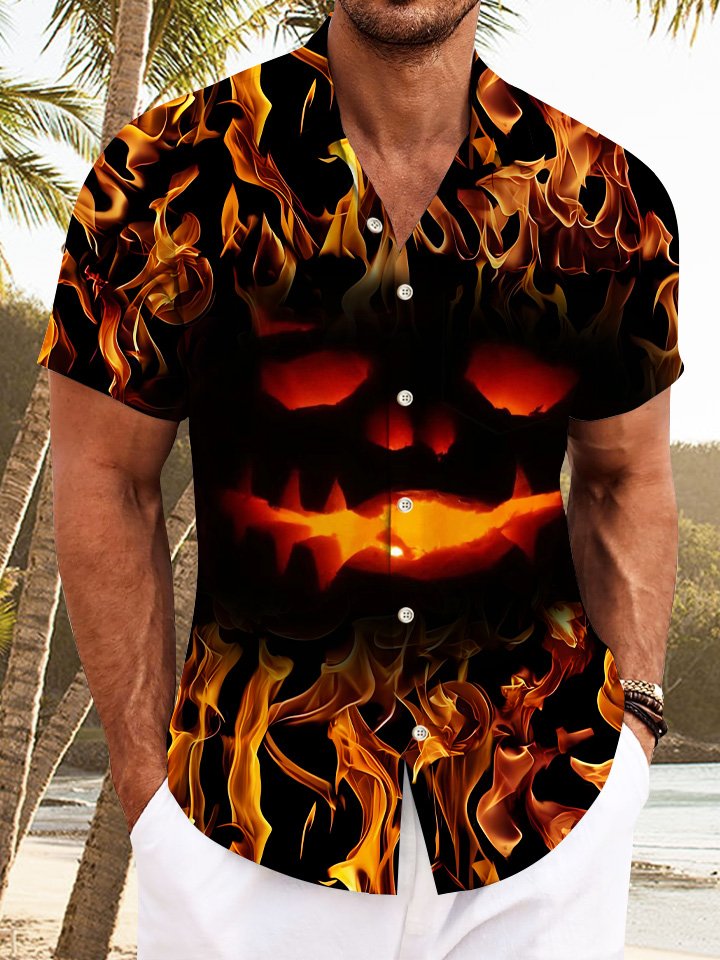 Alohadaddy Halloween Pumpkin Flame Mens Pocket Casual Short Sleeve Shirt