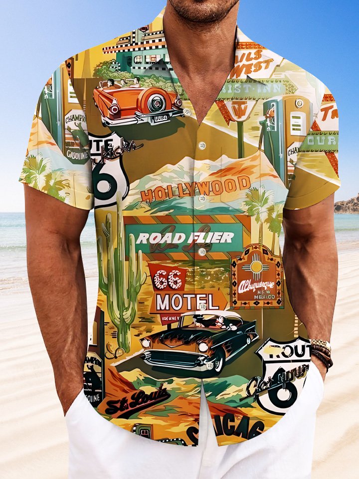Camisa informal de manga corta con bolsillo para hombre, diseño de árbol de coco y letrero de la Ruta 66 de Alohadaddy Car Hollywood