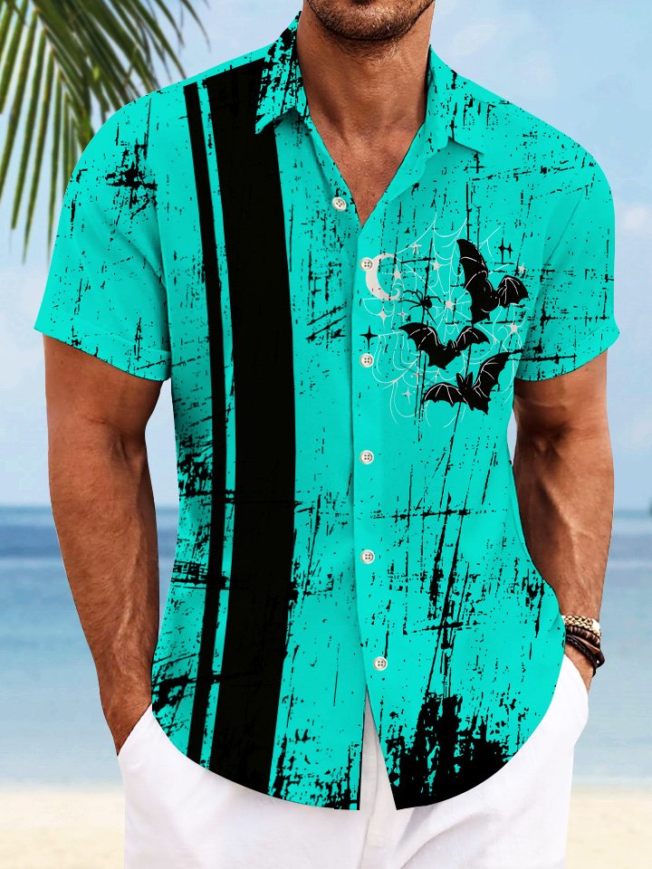 Alohadaddy Stripes Halloween Bat Men Pocket Casual 50S Bowling Commuter Short Sleeve Shirt