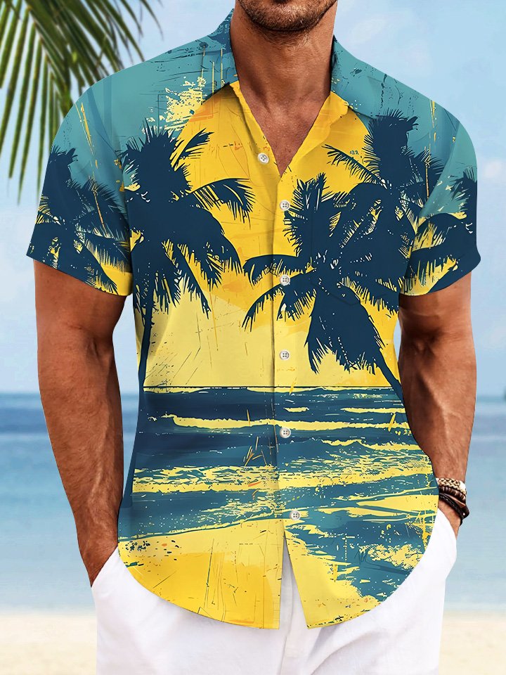 Alohadaddy Coconut Tree Beach Sunset Men Pocket Button Casual Short Sleeve Shirt