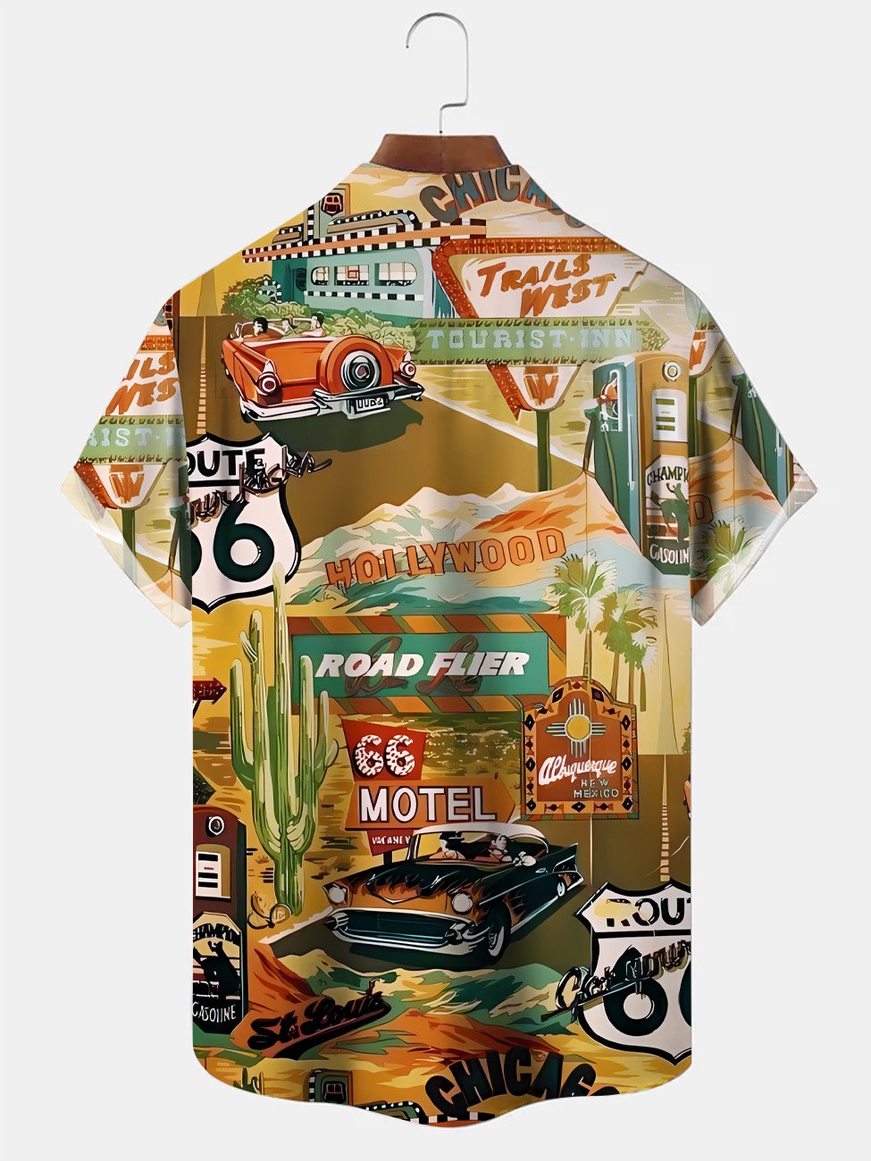 Camisa informal de manga corta con bolsillo para hombre, diseño de árbol de coco y letrero de la Ruta 66 de Alohadaddy Car Hollywood