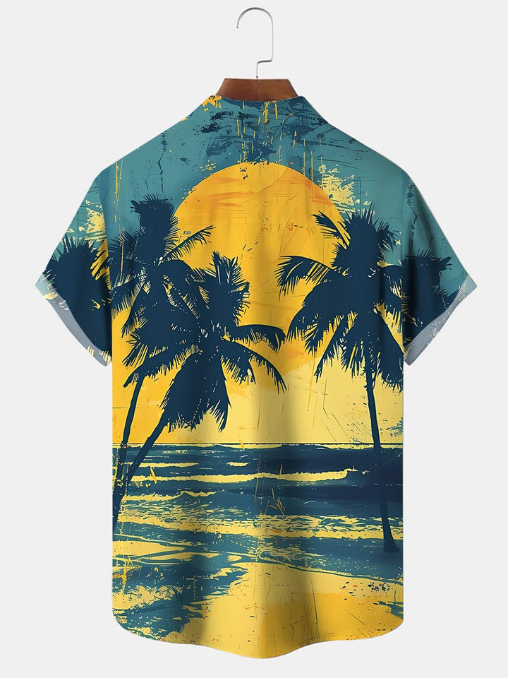 Alohadaddy Coconut Tree Beach Sunset Men Pocket Button Casual Short Sleeve Shirt