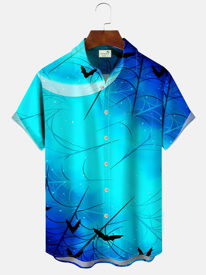 Alohadaddy Halloween Bat Plant Men Pocket Button Casual Short Sleeve Shirt