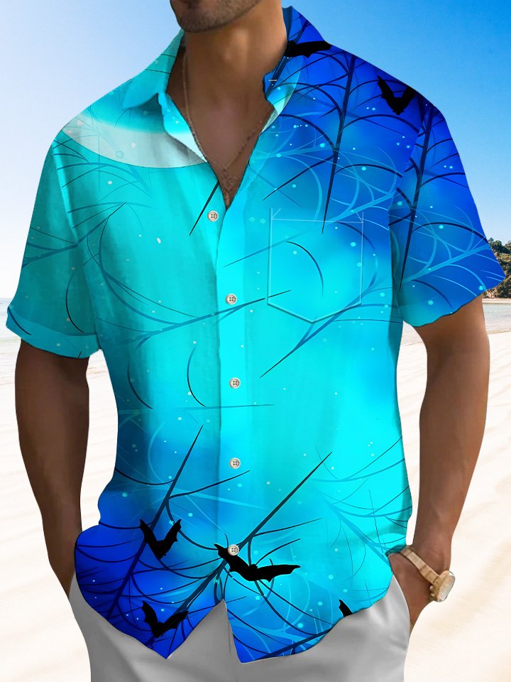 Alohadaddy Halloween Bat Plant Men Pocket Button Casual Short Sleeve Shirt