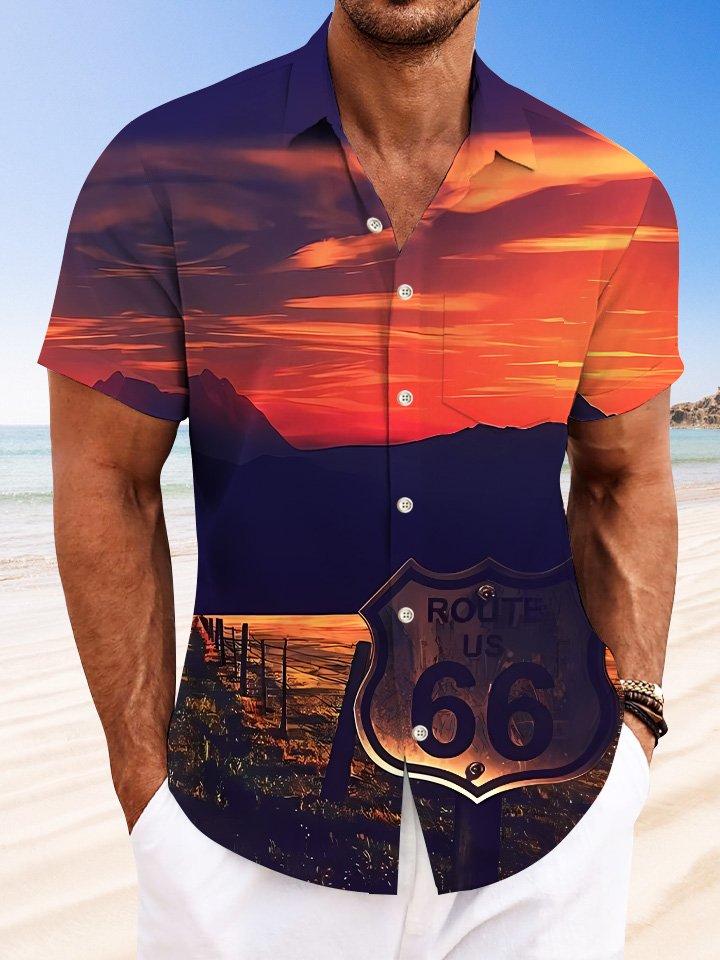 Alohadaddy Sunset Route 66 Mens Button Pocket Casual Short Sleeve Shirt
