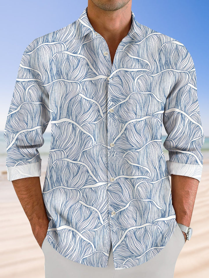 Alohadaddy Curve Stripe Wave Men Button Pocket Casual Short Sleeve Shirt