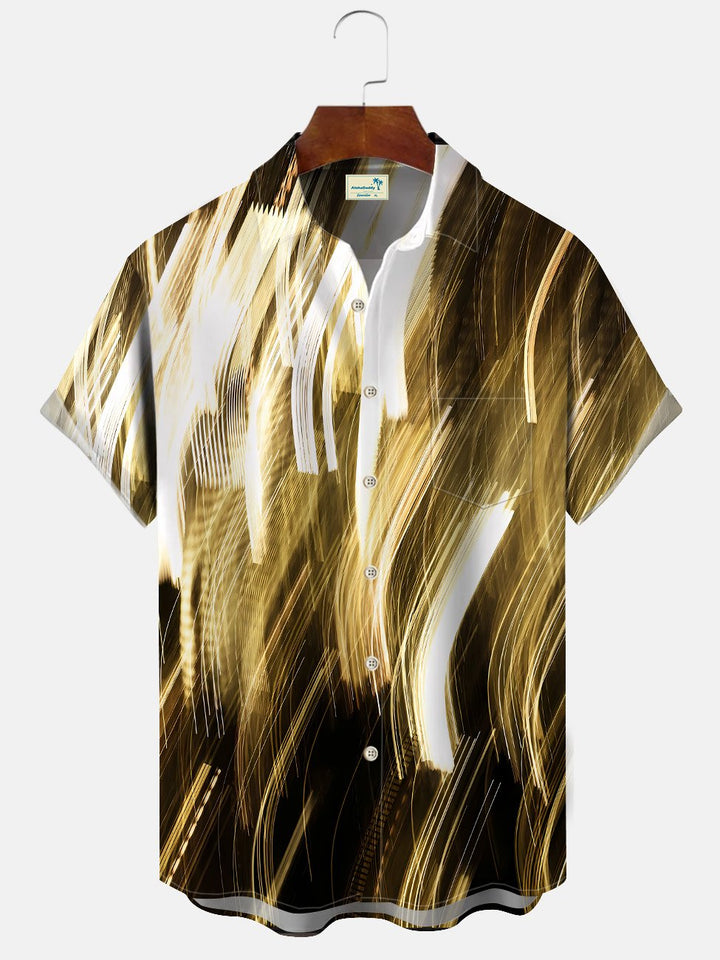 Alohadaddy Line Geometric Pattern Men Button Pocket Casual Short Sleeve Shirt