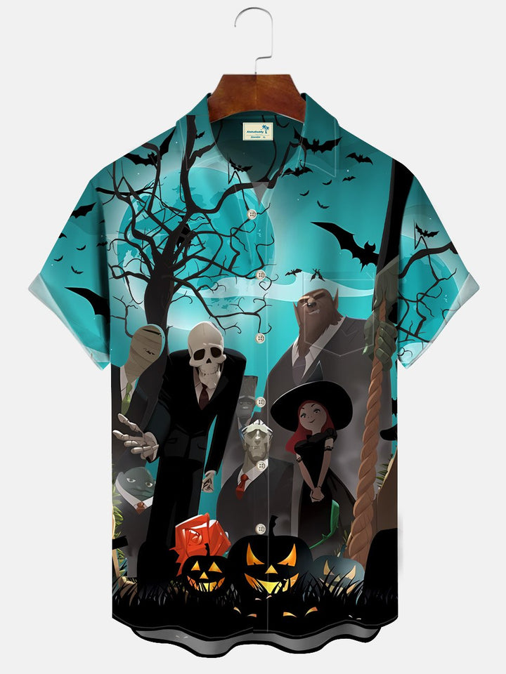 Camisa informal de manga corta con bolsillos y botones para hombre, con diseño de murciélago y calabaza de Halloween de Alohadaddy