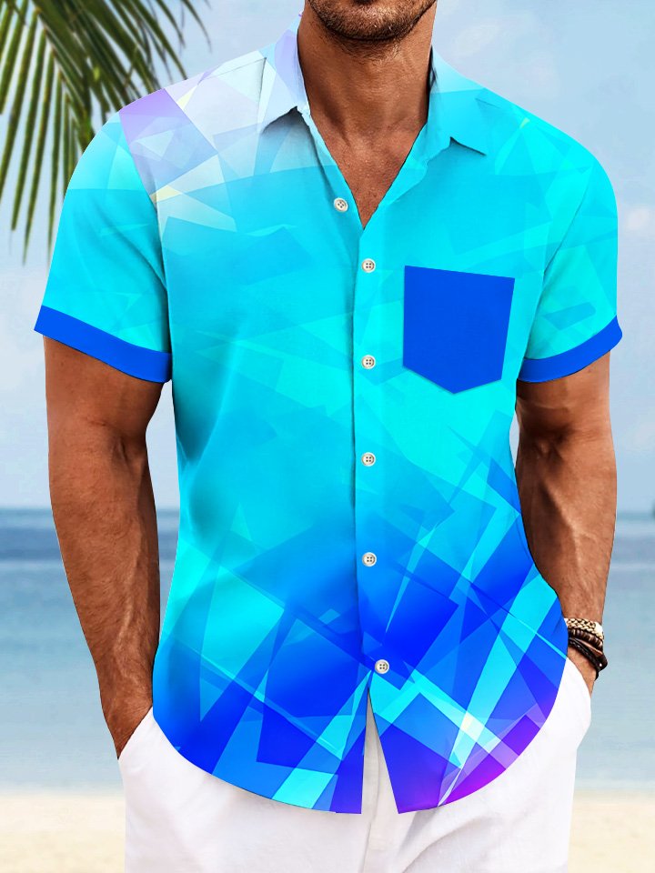 Alohadaddy Gradient Geometric Pattern Mens Button Pocket Casual Short Sleeve Shirt