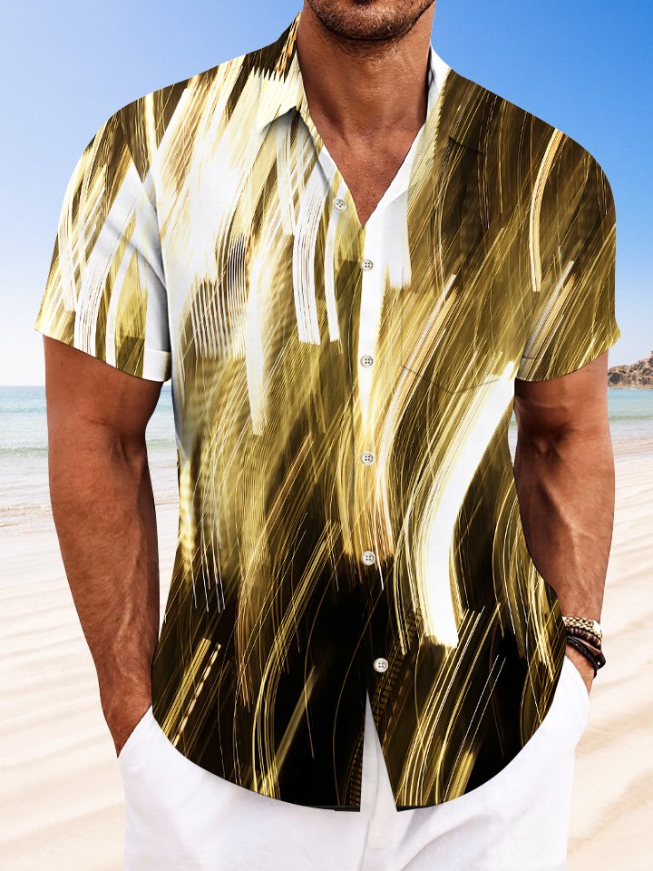 Alohadaddy Line Geometric Pattern Men Button Pocket Casual Short Sleeve Shirt