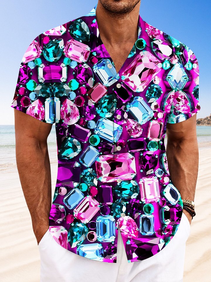 Chemise à manches courtes décontractée à boutons et poches pour hommes Alohadaddy à motif géométrique et diamant