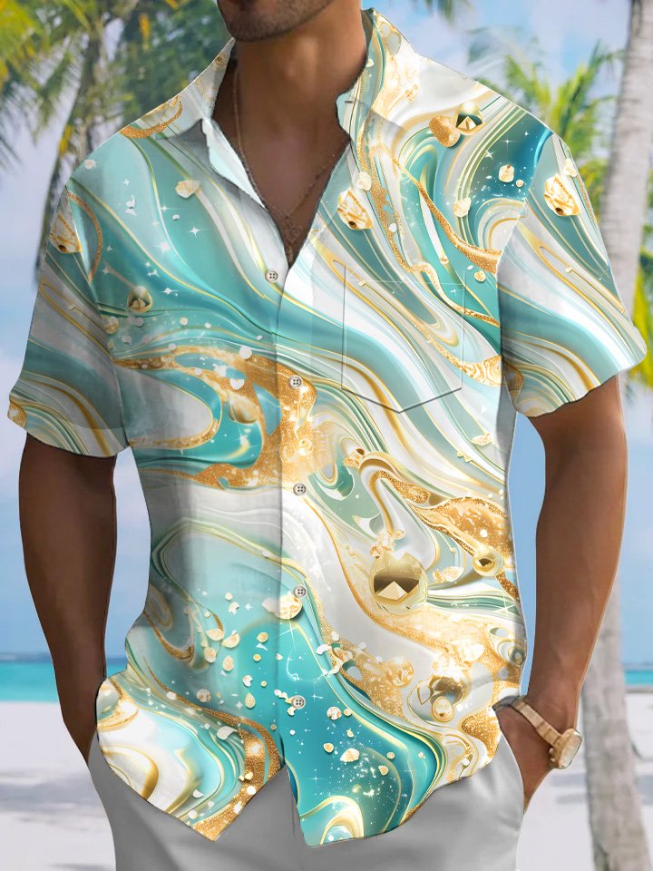 Alohadaddy Art Oil Painting Men Button Pocket Casual Short Sleeve Shirt