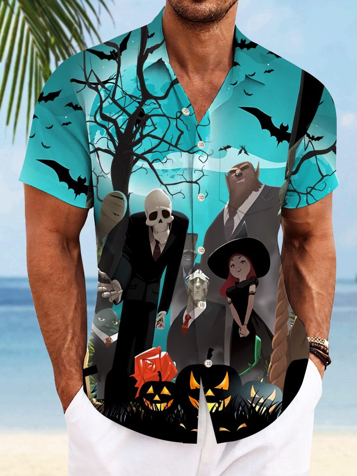 Camisa informal de manga corta con bolsillos y botones para hombre, con diseño de murciélago y calabaza de Halloween de Alohadaddy