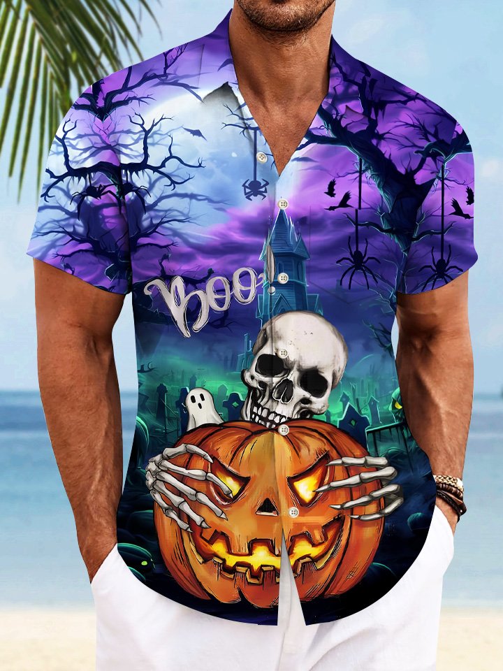 Chemise décontractée à manches courtes avec poche boutonnée pour homme Alohadaddy Halloween Pumpkin Skull