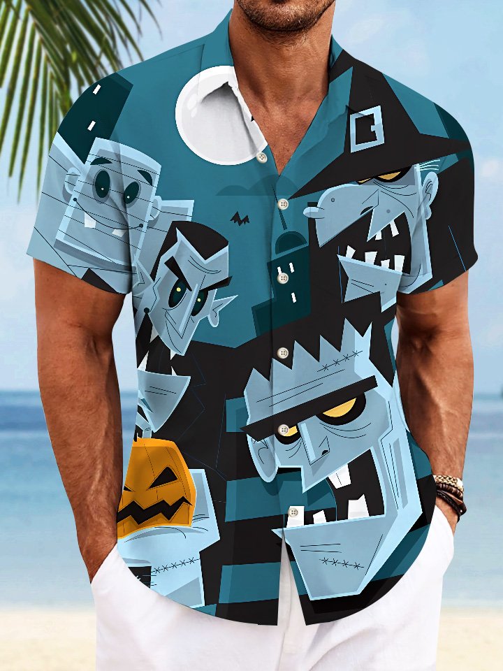 Chemise décontractée à manches courtes avec poche à boutons pour homme avec portrait de dessin animé d&