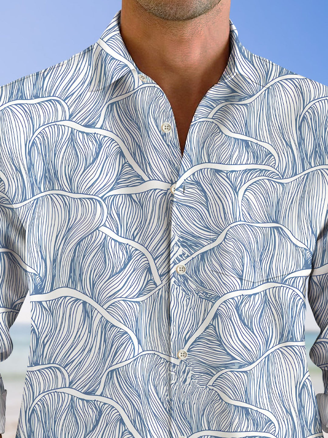 Alohadaddy Curve Stripe Wave Men Button Pocket Casual Short Sleeve Shirt