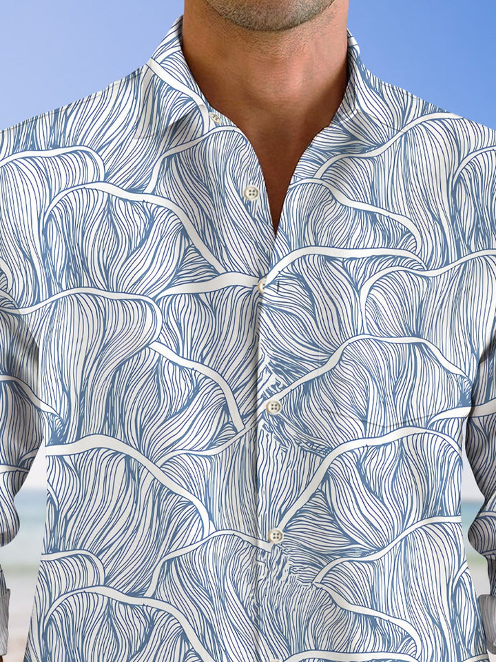 Alohadaddy Curve Stripe Wave Men Button Pocket Casual Short Sleeve Shirt