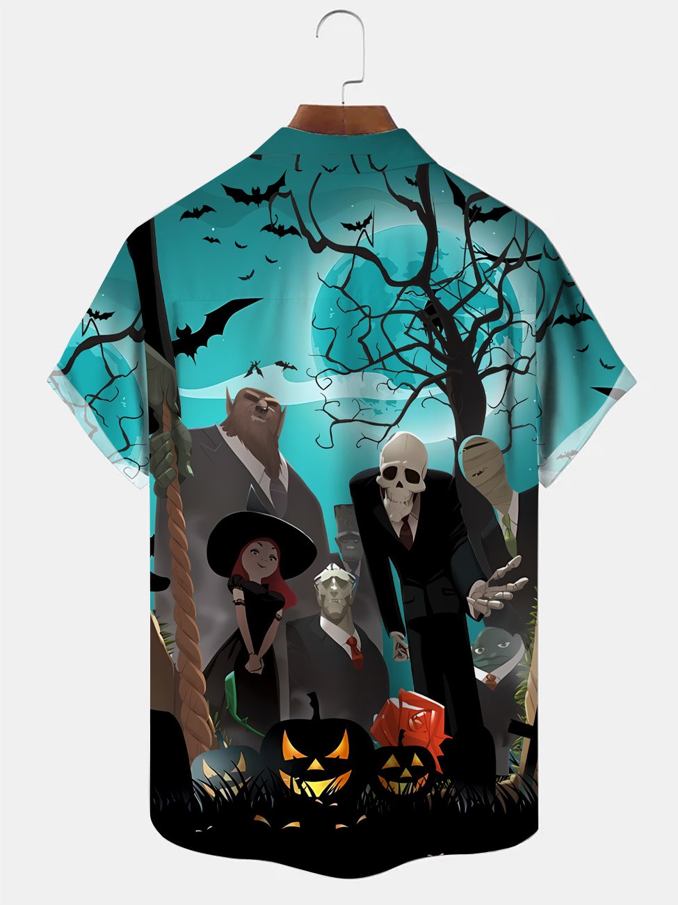 Camisa informal de manga corta con bolsillos y botones para hombre, con diseño de murciélago y calabaza de Halloween de Alohadaddy